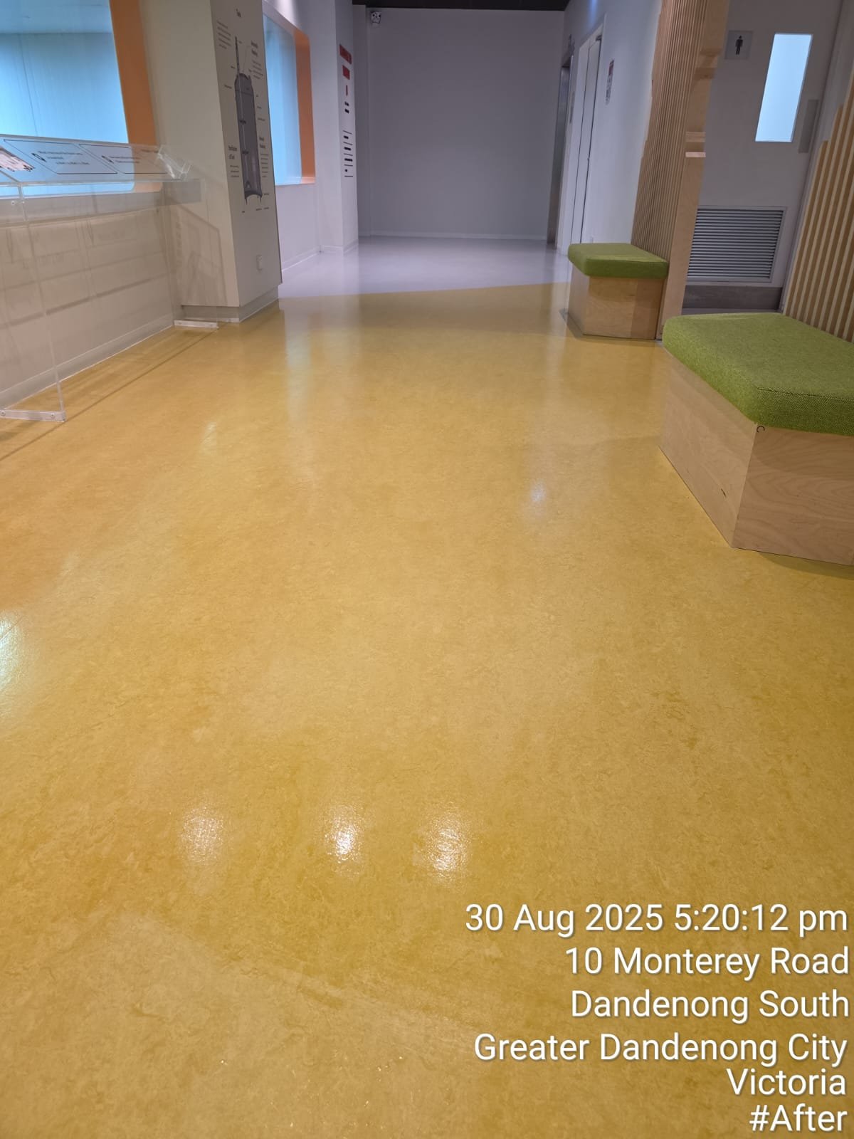 Completed commercial strip and seal vinyl floor restoration